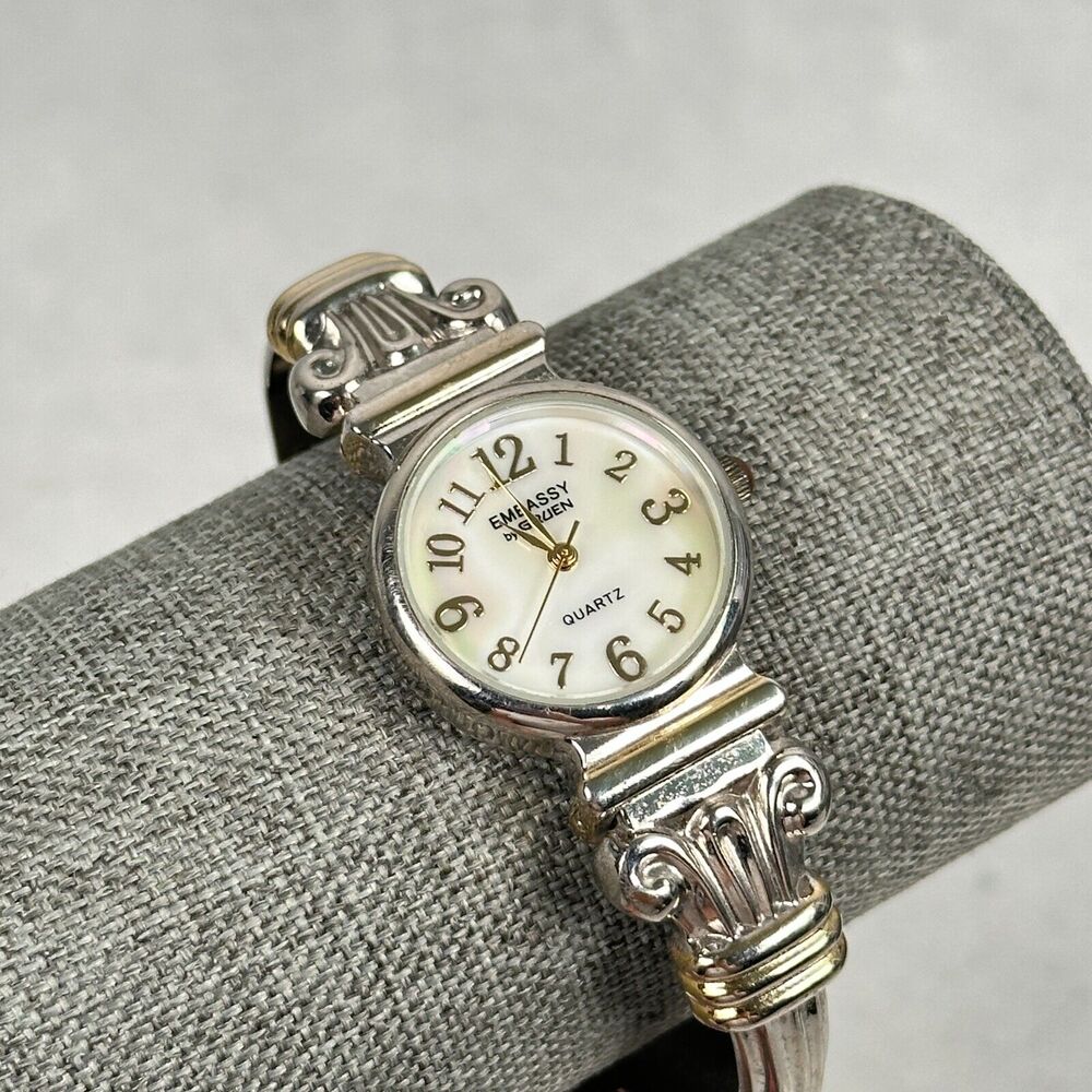 Embassy Gruen Watch Womens 26mm Round MOP Dial Two Tone Hinged Cuff New Battery